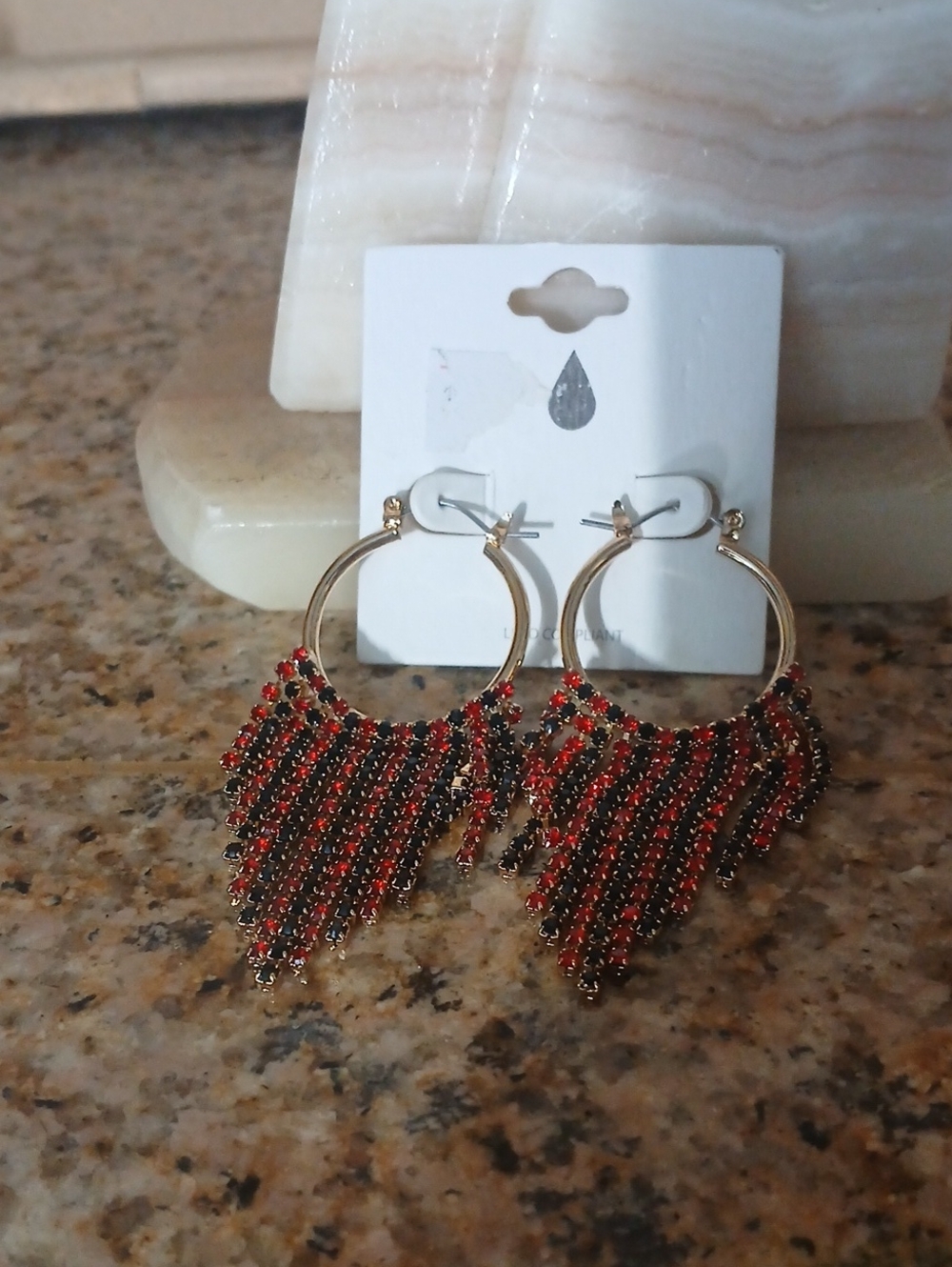Gold Hoop Fringe Earrings with Red and Black Beads